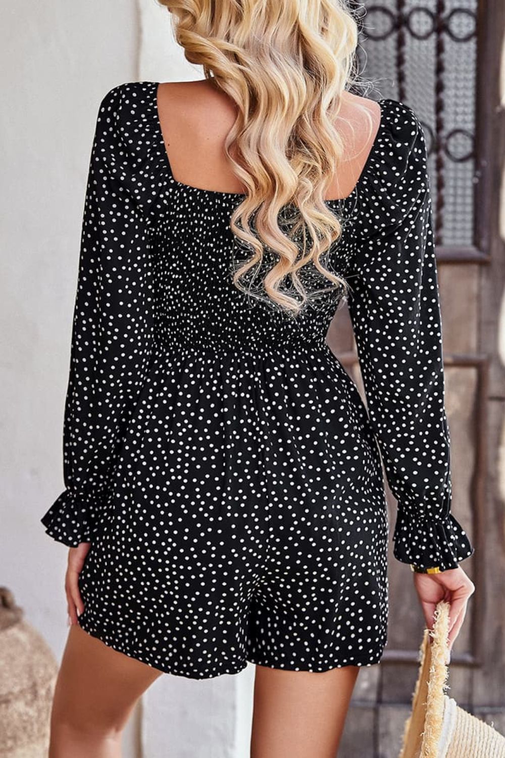 Polka Dot Ruched Smocked Flounce Sleeve Romper