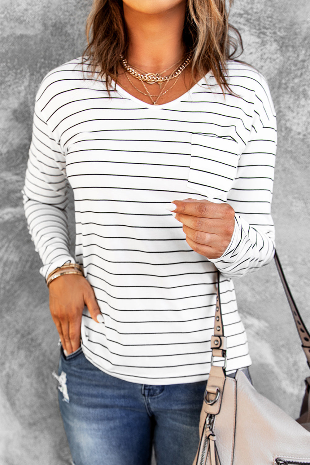 Striped V-Neck Long Sleeve Tee