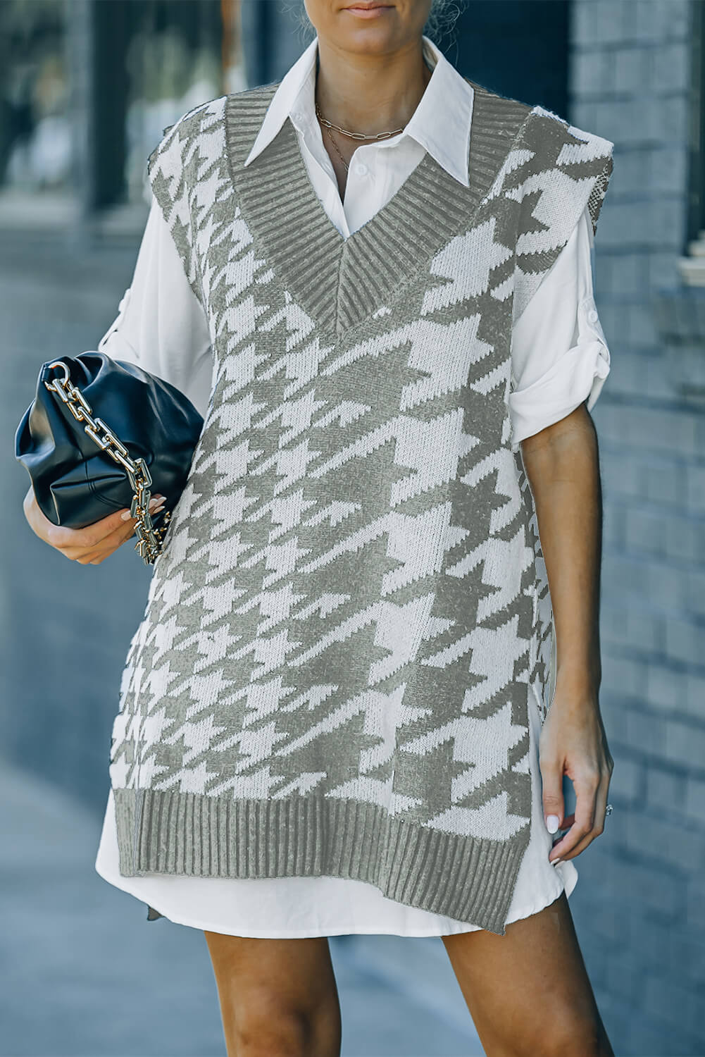Houndstooth Side Slit Ribbed Sweater Vest Dress