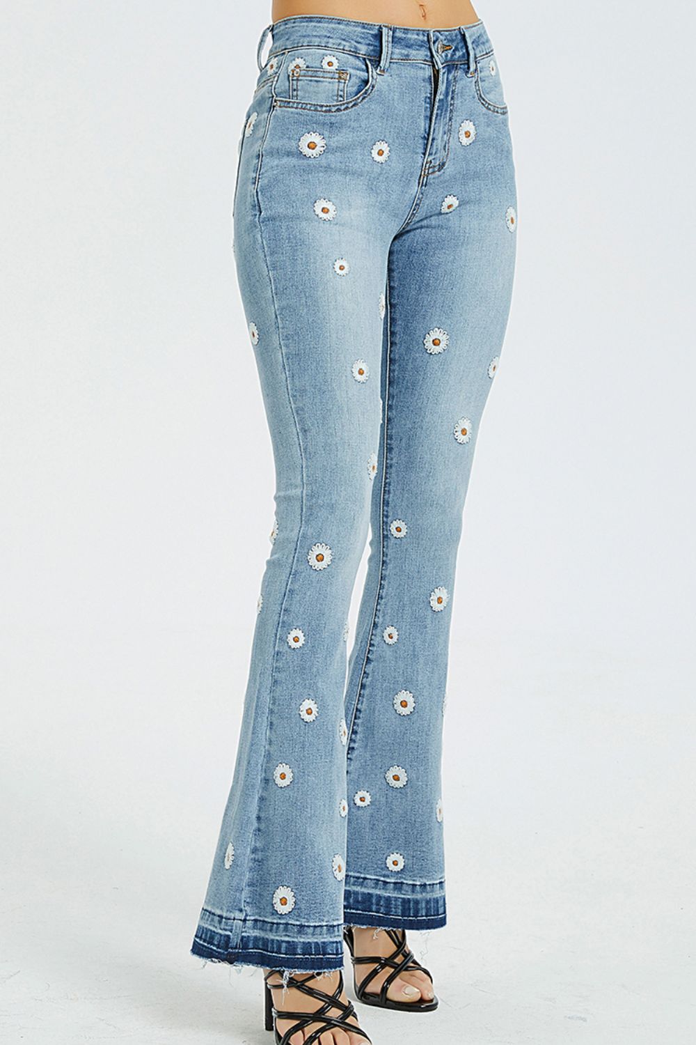 Full Size Embroidered Flare Leg Raw Hem Jeans