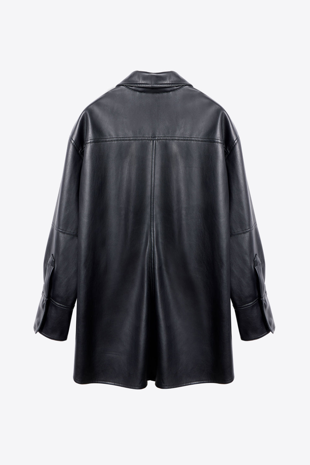 Button Front Flap Pocket Longline PU Leather Jacket