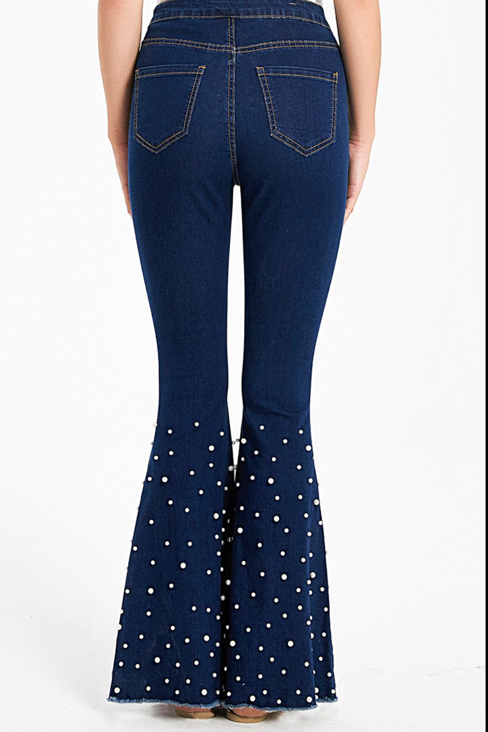 Full Size Pearl Trim Raw Hem Flare Leg Jeans