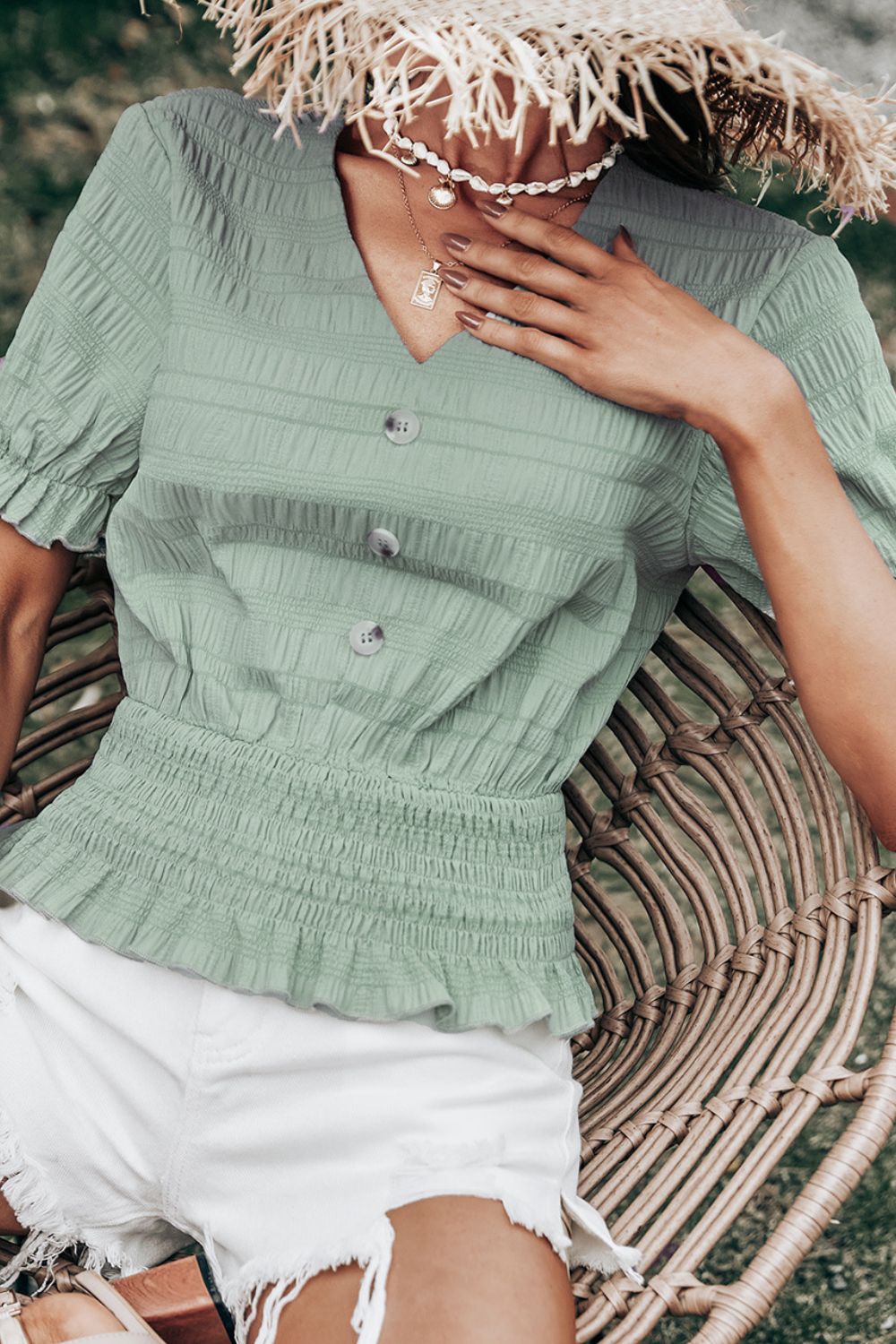 Decorative Button Smocked Peplum Blouse
