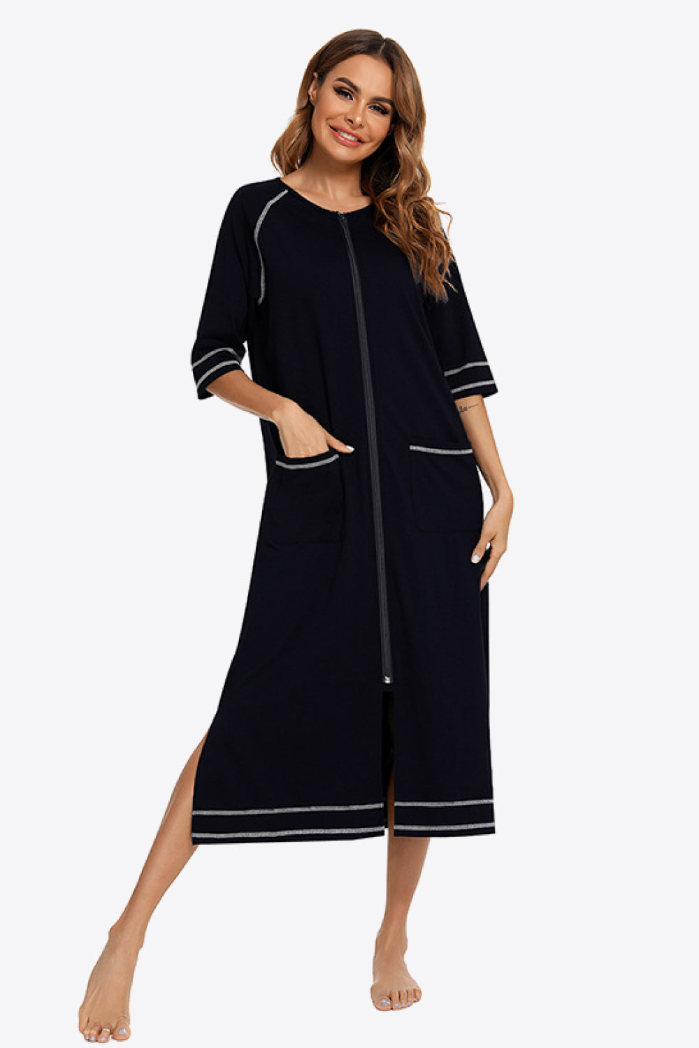 Zip Up Slit Night Dress with Pockets