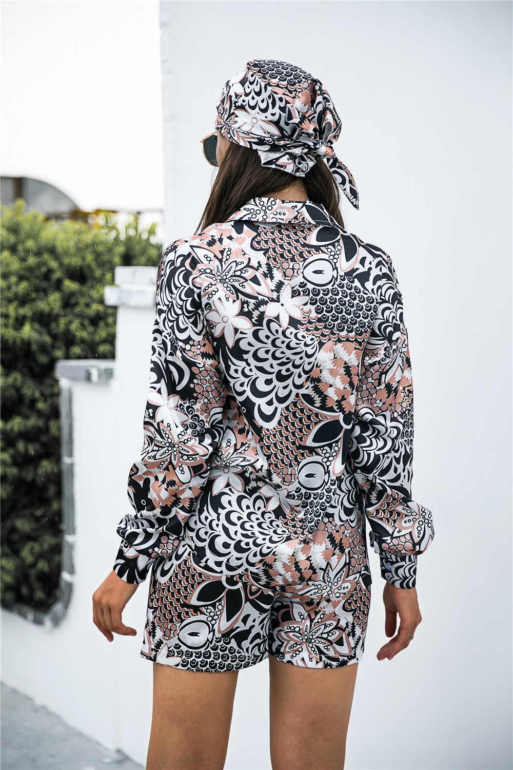 Floral Shirt and Shorts Set with Hair Scarf