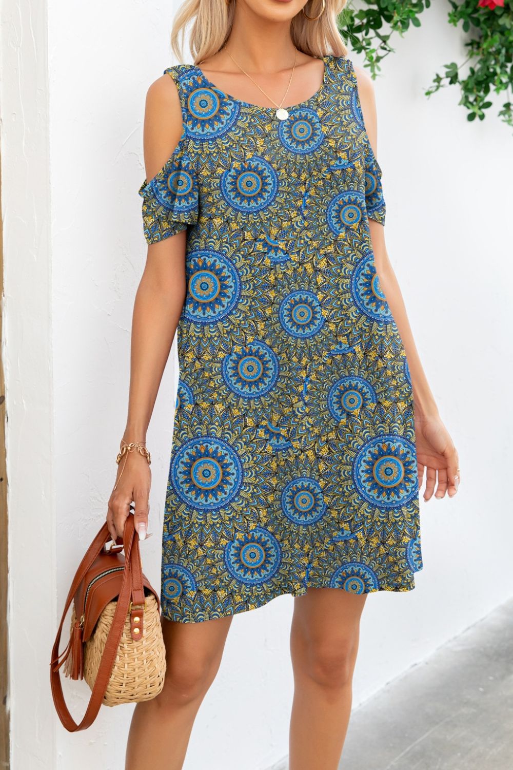Printed Round Neck Cold-Shoulder Dress