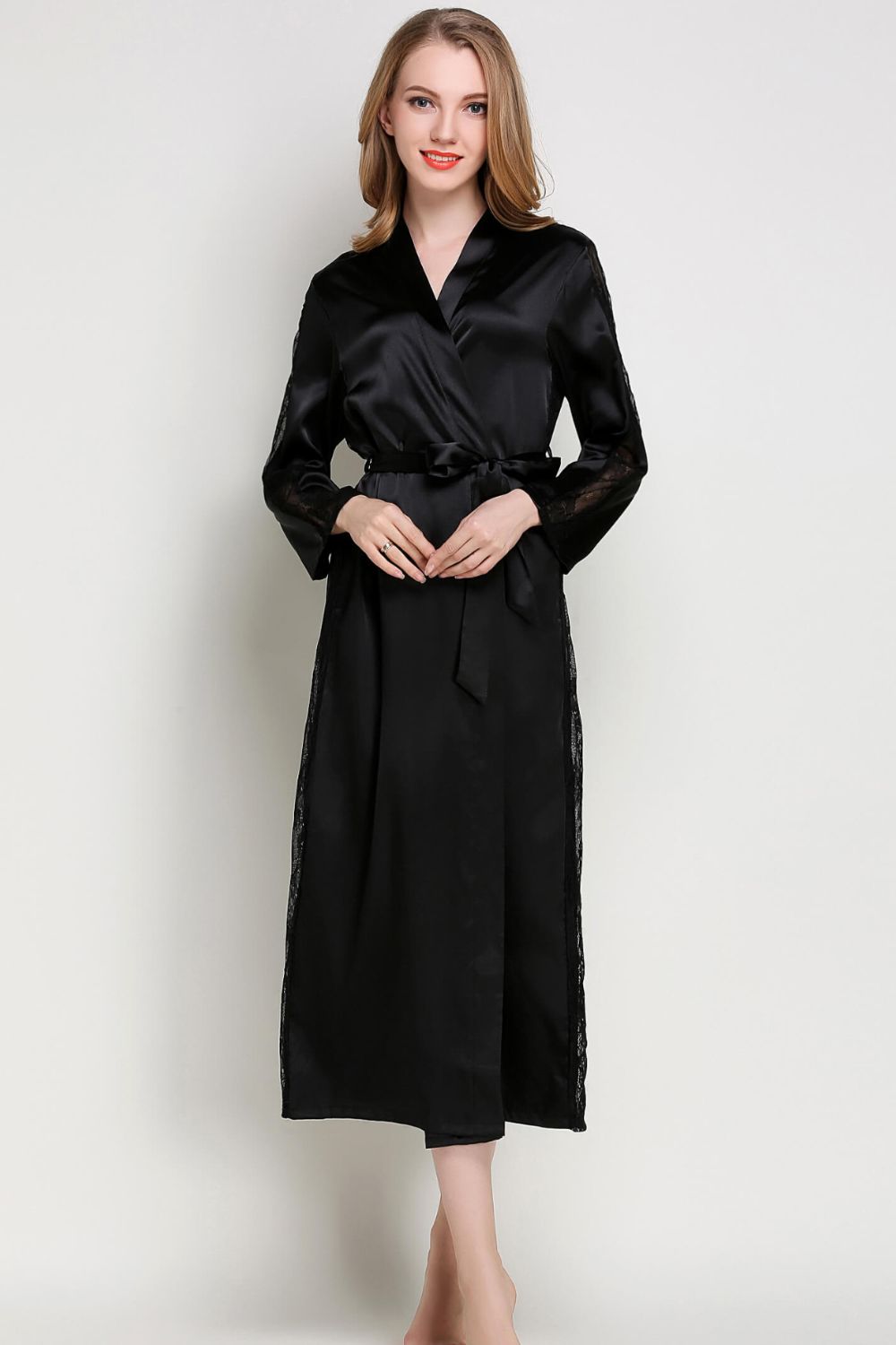 Spliced Lace Tie Waist Satin Robe