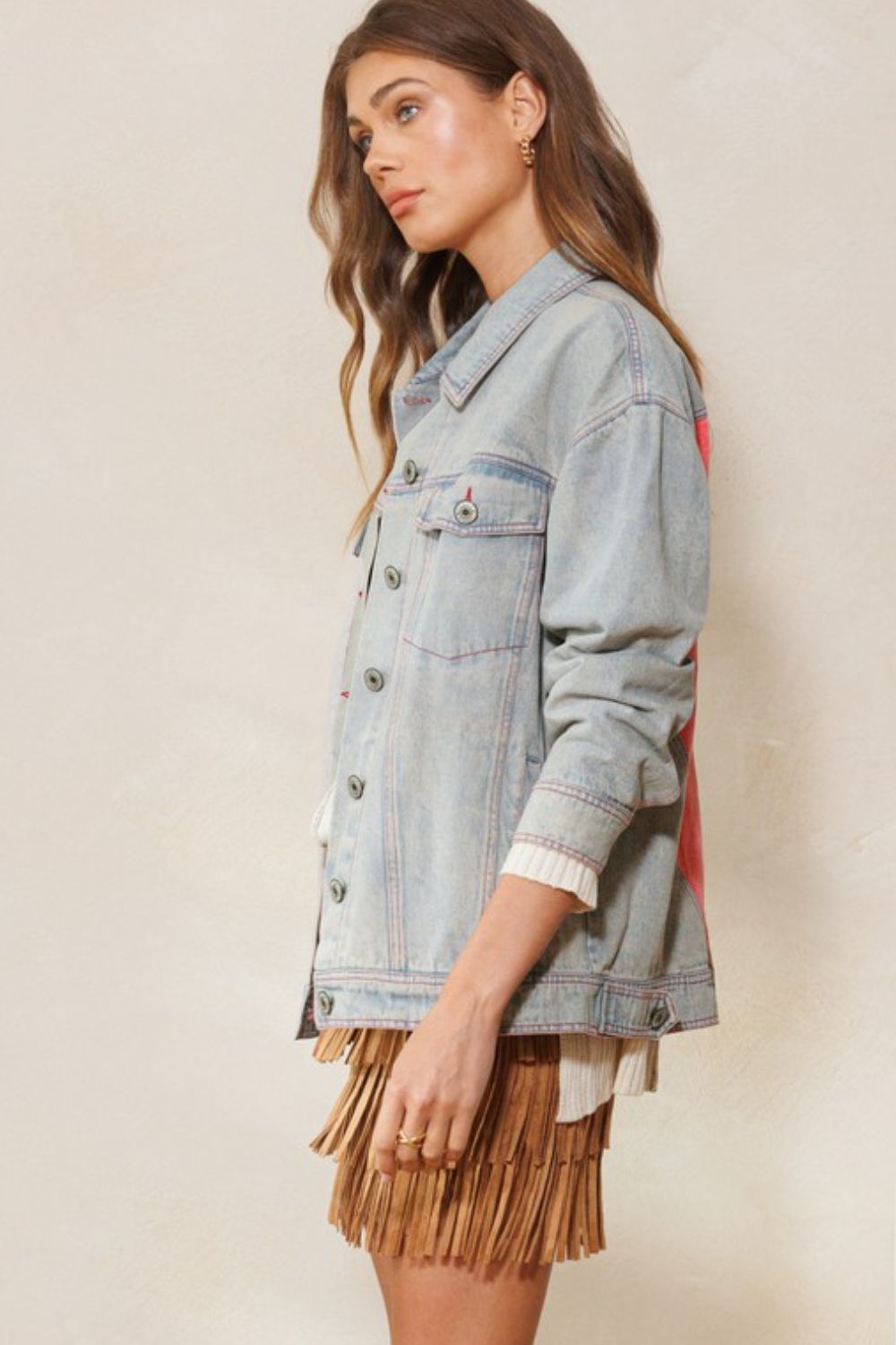 ODDI Full Size Contrast Heart Denim Jacket