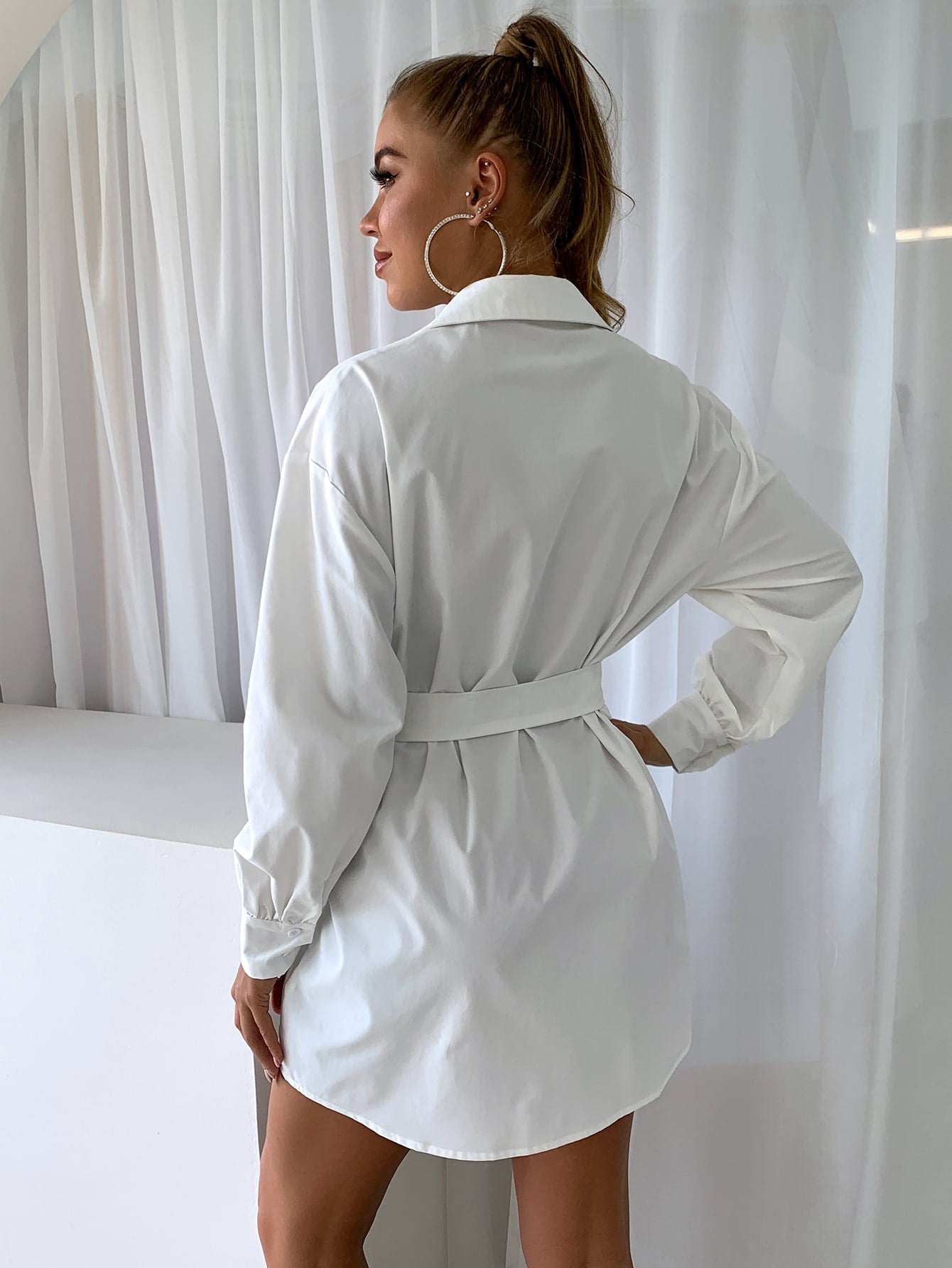Dropped Shoulder Belted Shirt Dress