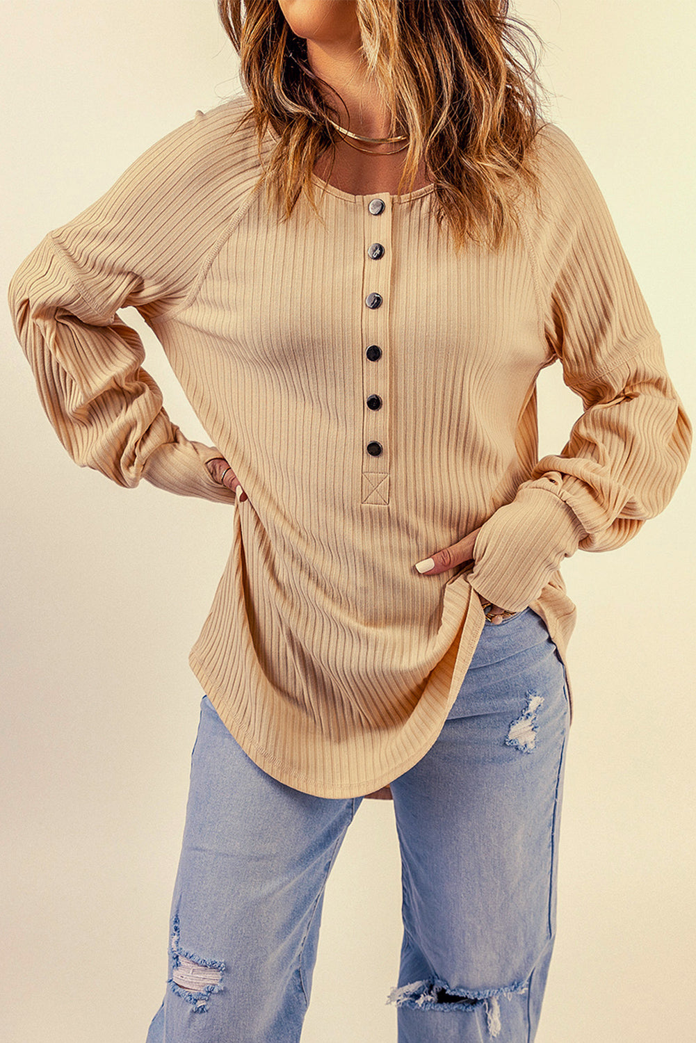 Half Button Ribbed Thumbhole Sleeve Top