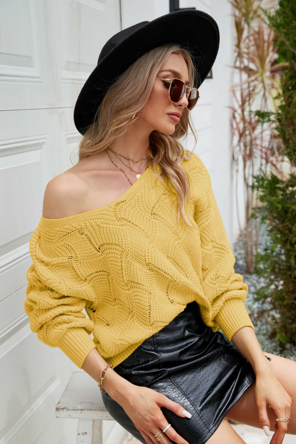 Openwork V-Neck Lantern Sleeve Ribbed Trim Sweater