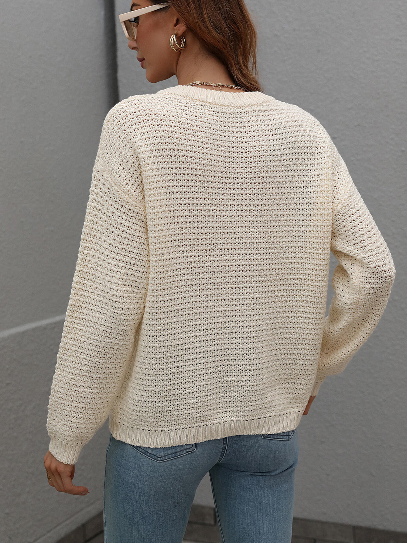 Drop Shoulder Round Neck Ribbed Cuff Sweater