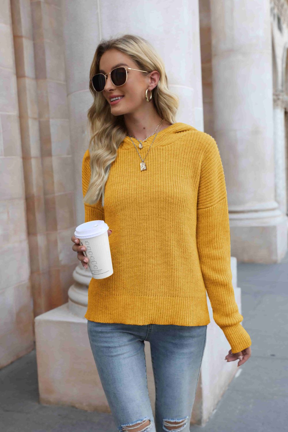 Rib-Knit Drop Shoulder Hooded Sweater
