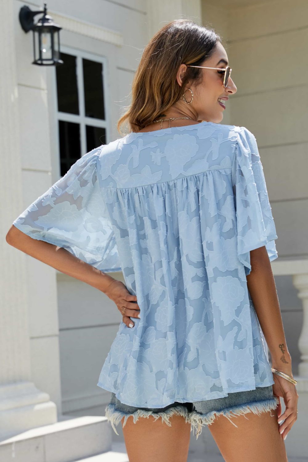 Applique Frill Trim Flutter Sleeve Blouse
