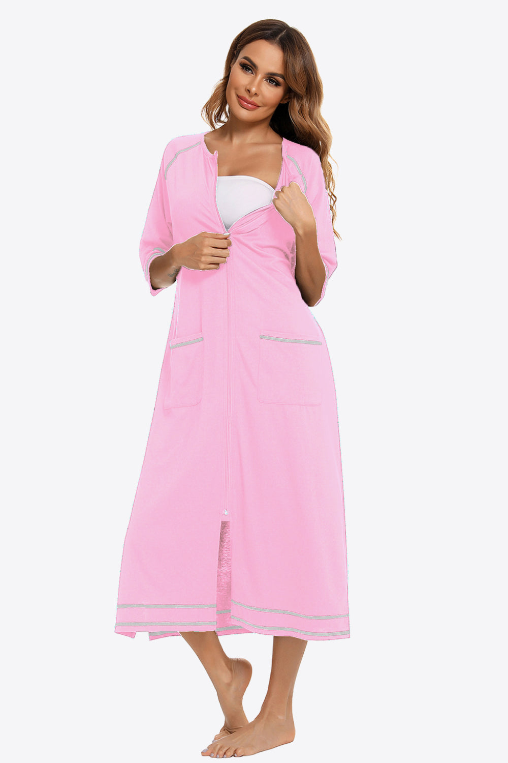 Zip Up Slit Night Dress with Pockets
