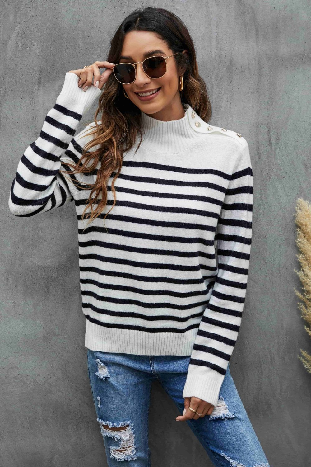 Striped Buttoned Mock Neck Sweater