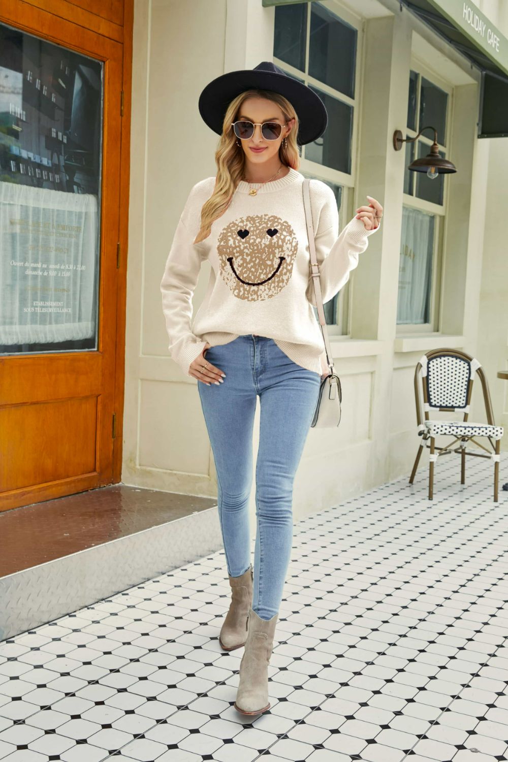 Smiley Face Graphic Dropped Shoulder Sweater