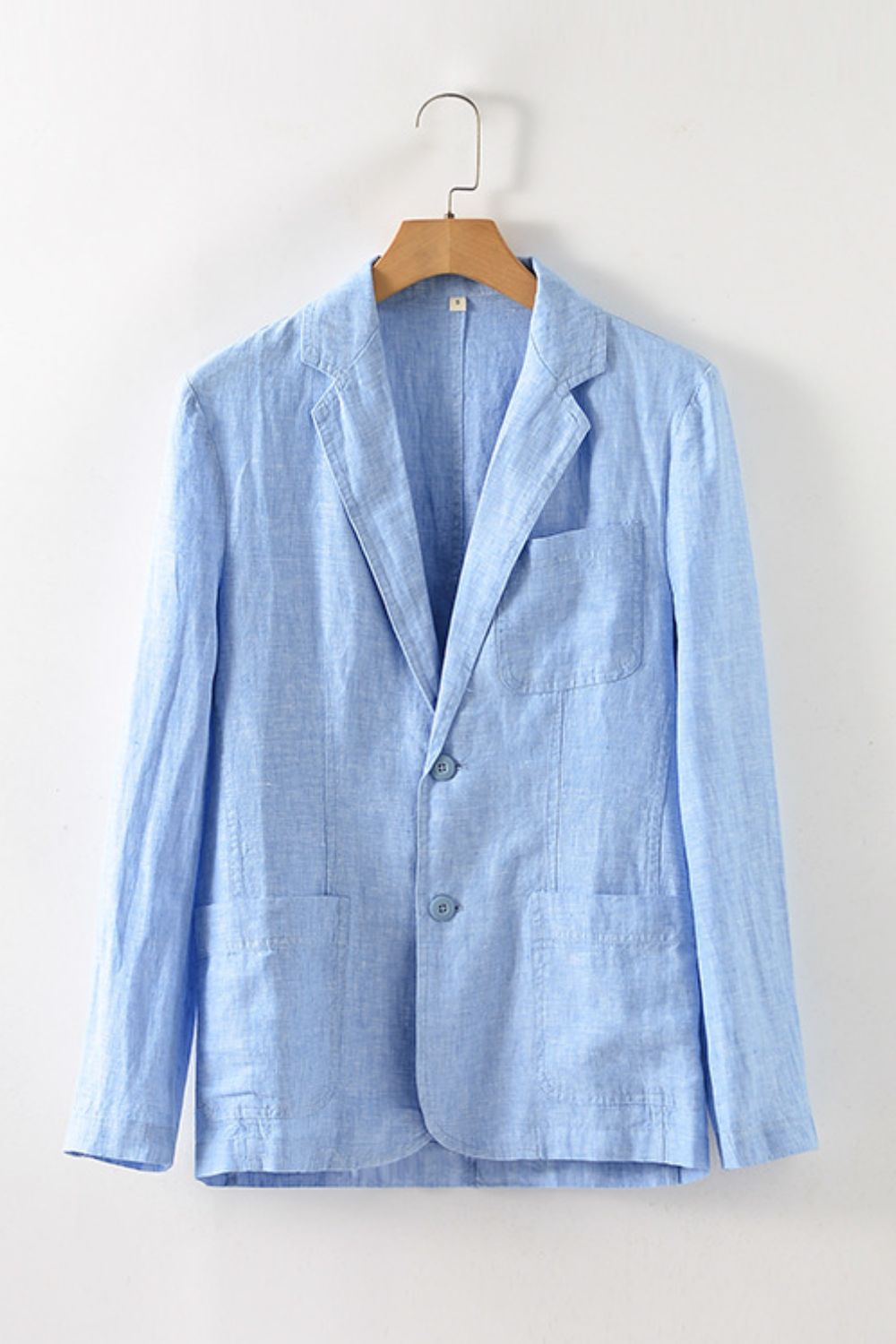 Buttoned Johnny Collar Long Sleeve Linen Blazer with Pockets