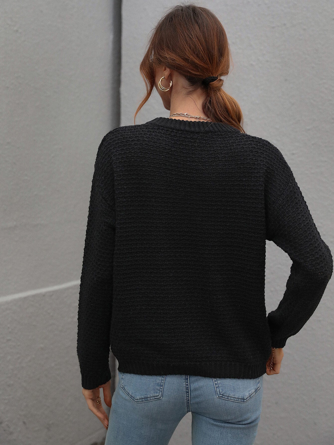 Drop Shoulder Round Neck Ribbed Cuff Sweater