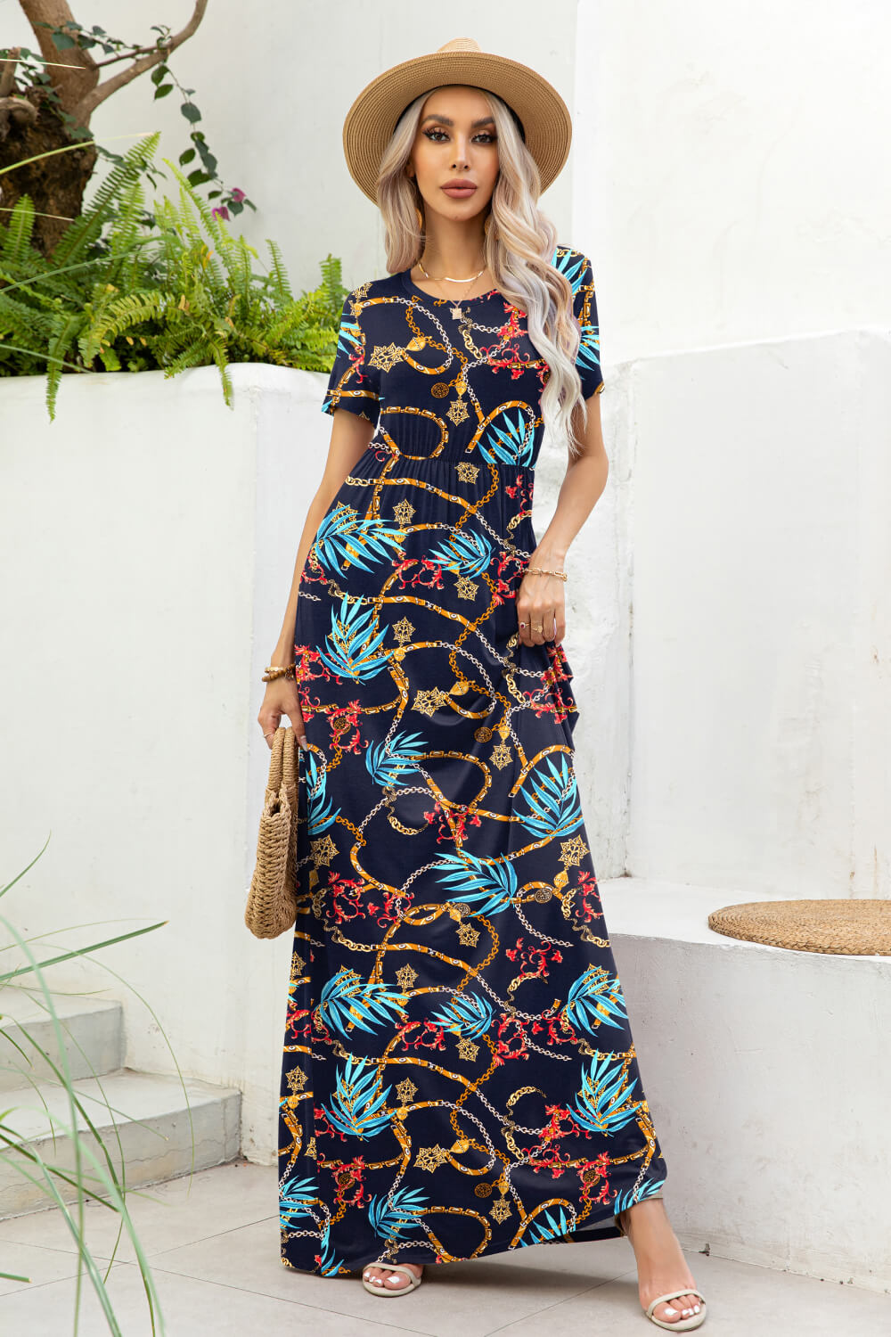 Printed Round Neck Short Sleeve Maxi Dress