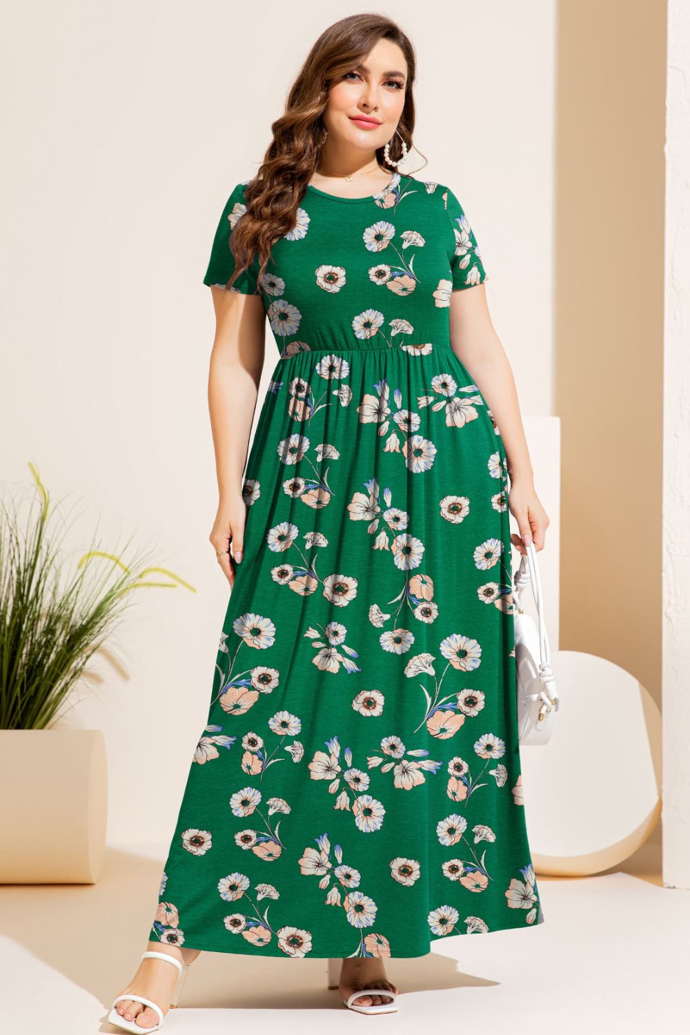 Plus Size Printed Round Neck Short Sleeve Maxi Dress