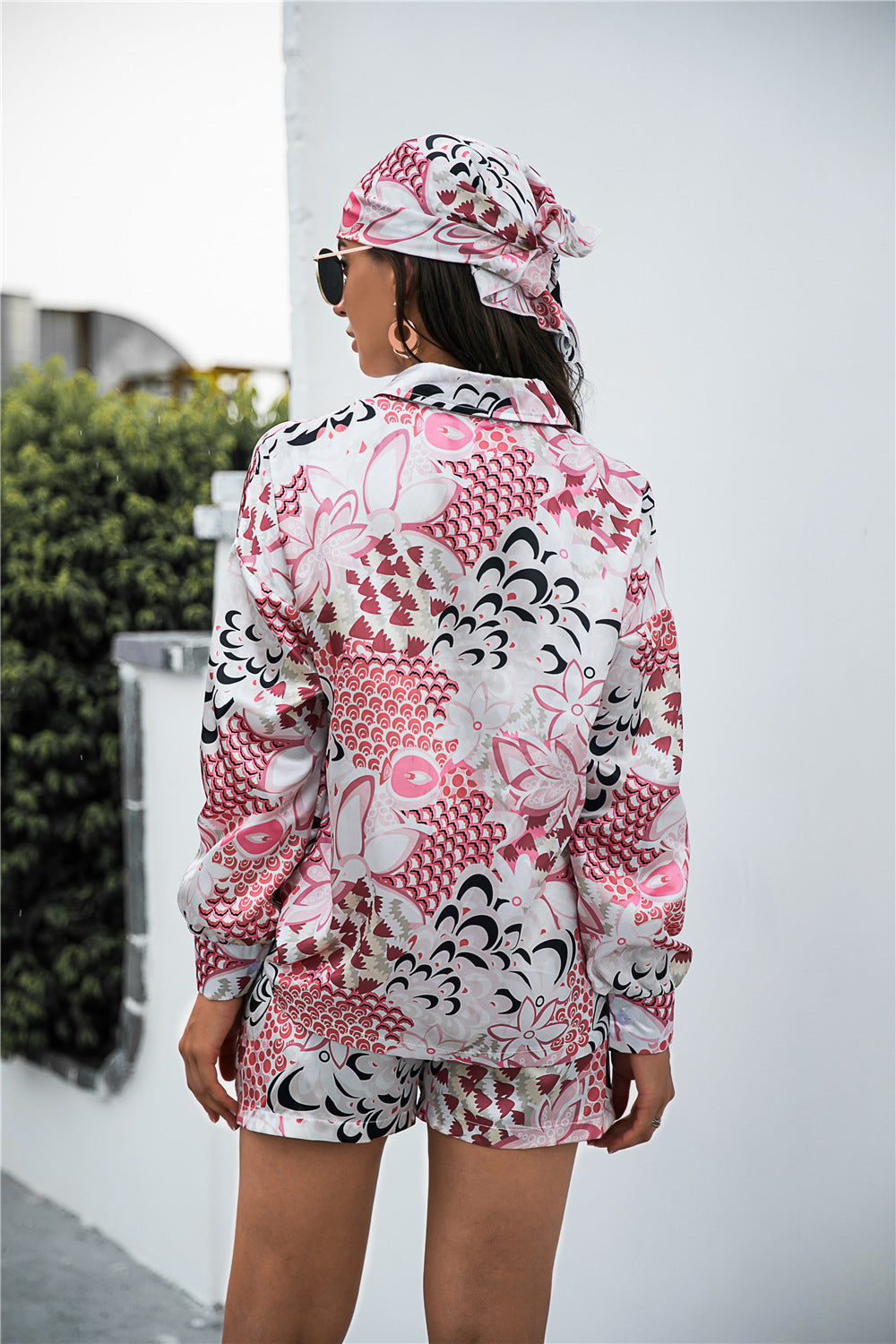 Floral Shirt and Shorts Set with Hair Scarf