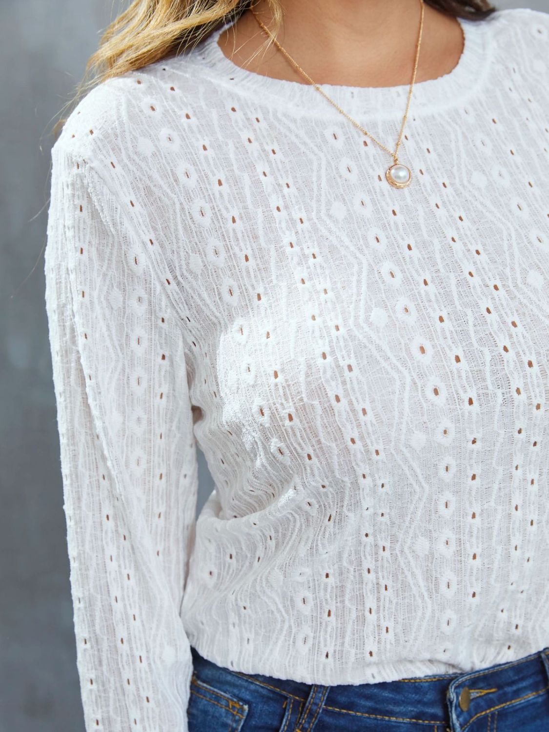 Eyelet Round Neck Long Sleeve Top