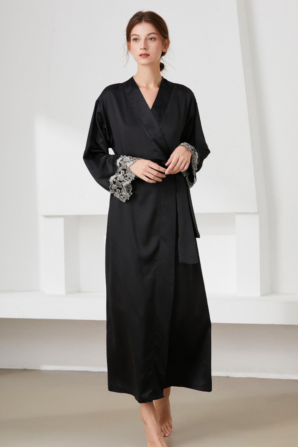 Contrast Lace Trim Belted Robe