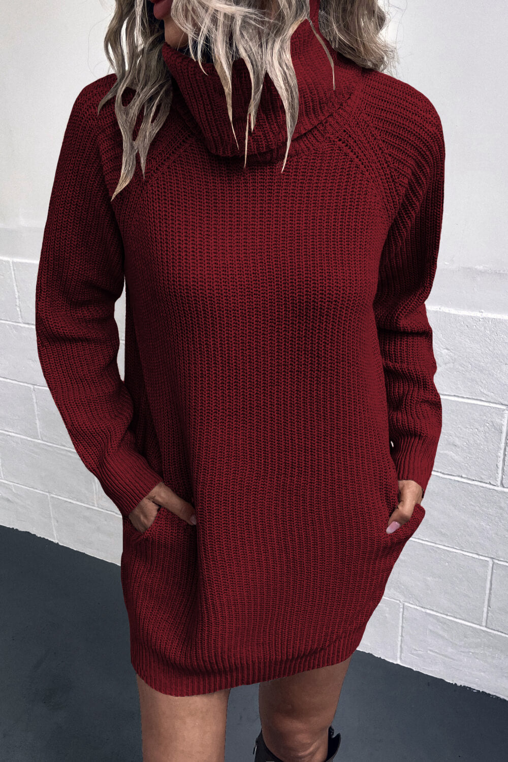 Turtleneck Raglan Sleeve Rib-Knit Dress with Pockets