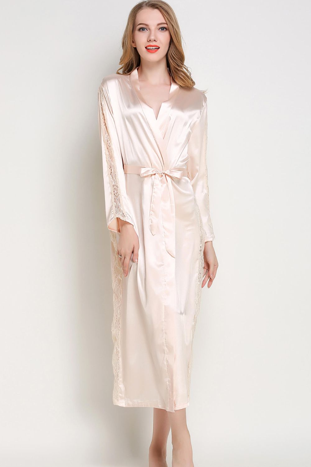Spliced Lace Tie Waist Satin Robe