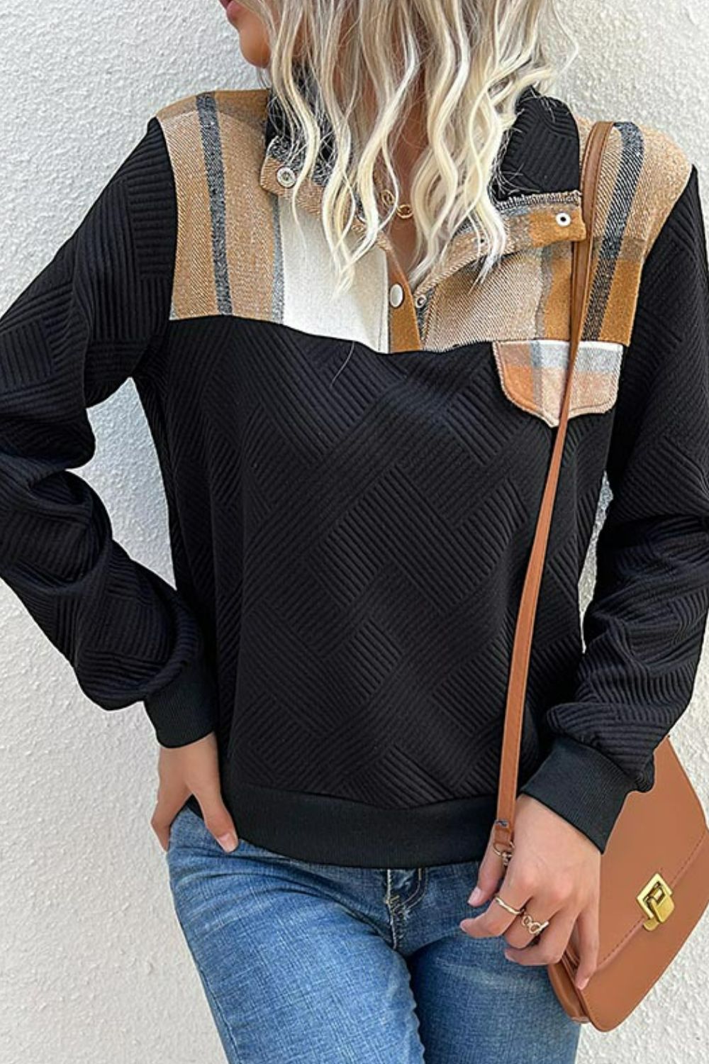 Plaid Ribbed Quarter-Snap Sweatshirt