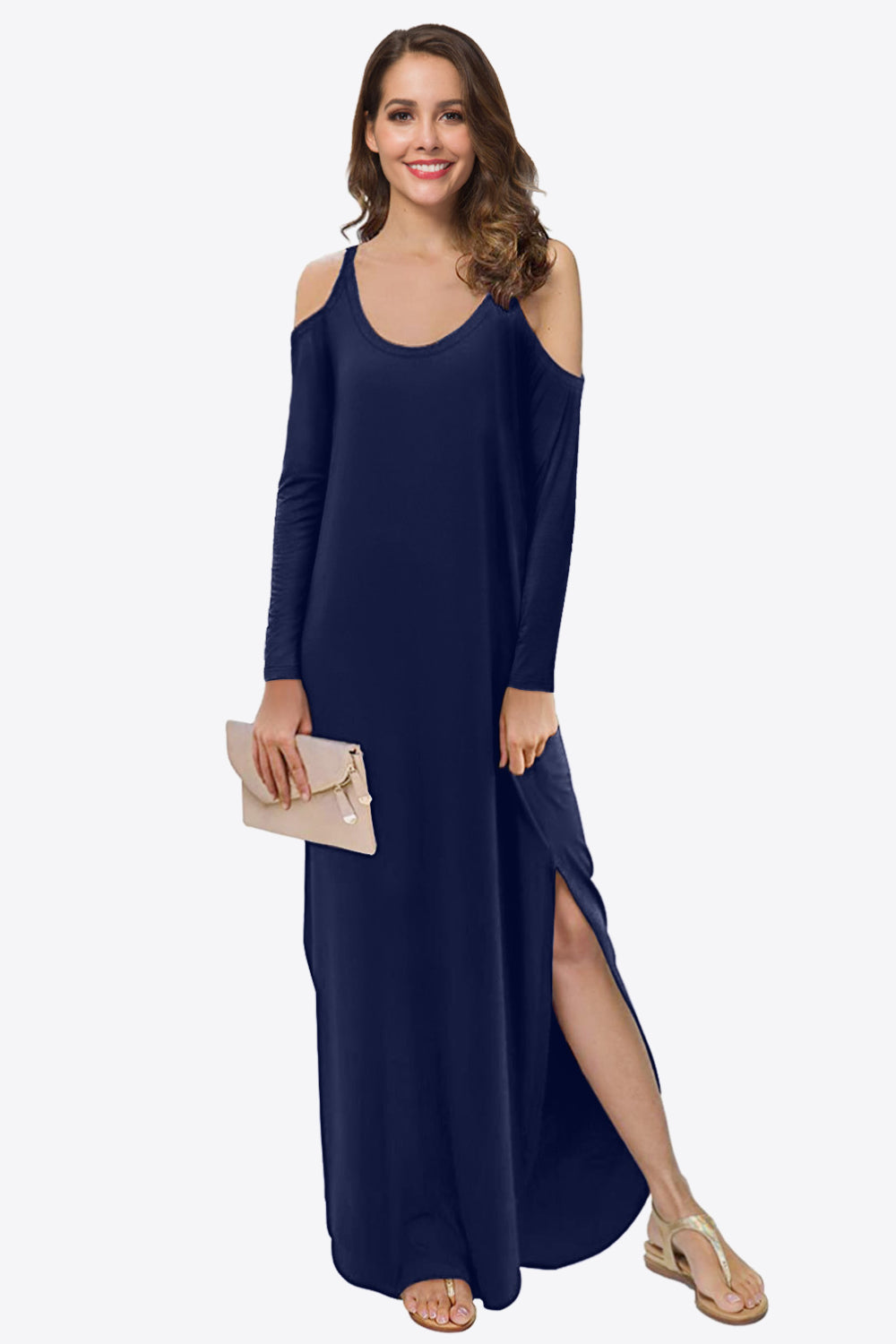 Cold-Shoulder Split Dress with Pockets