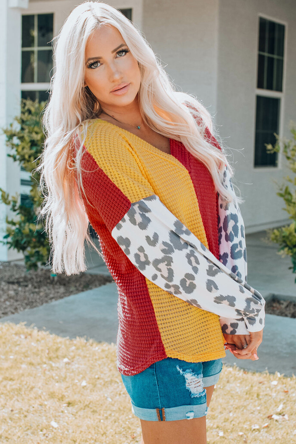 Leopard Color Block Waffle-Knit V-Neck Top