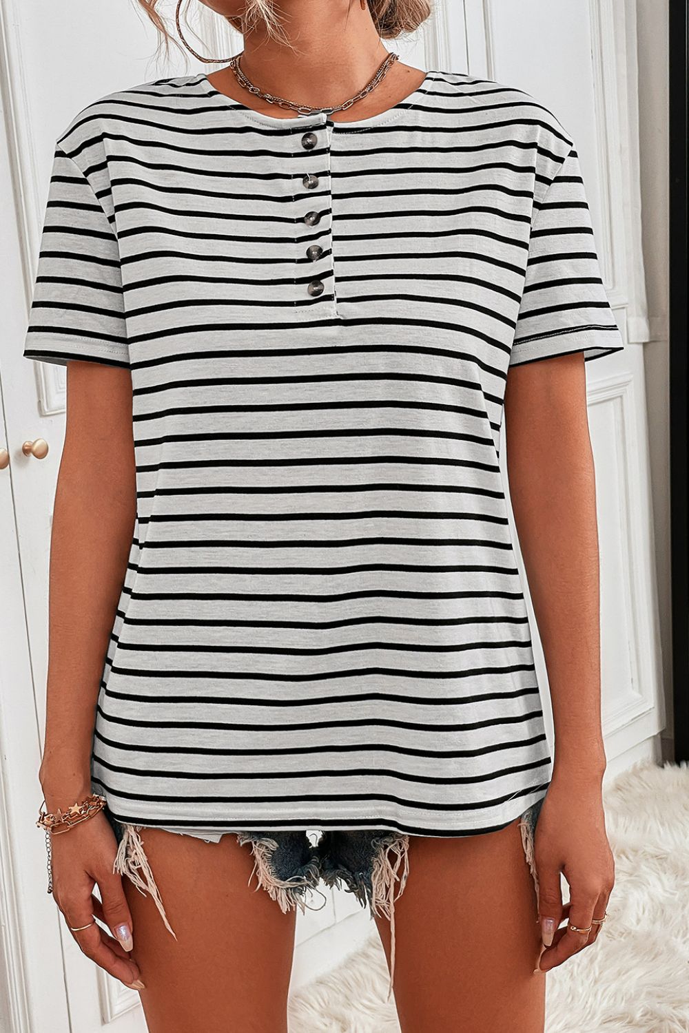 Striped Quarter Button Tee Shirt