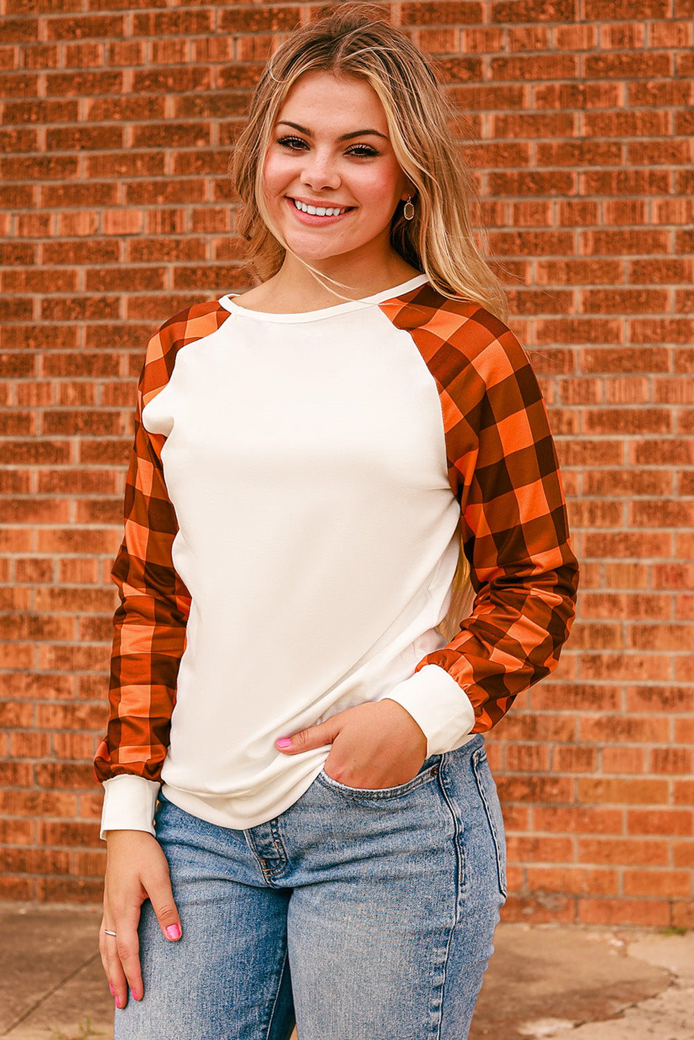 Plaid Contrast Raglan Sleeve Top