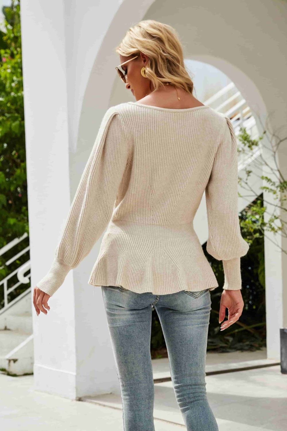 Rib-Knit Lantern Sleeve Peplum Sweater