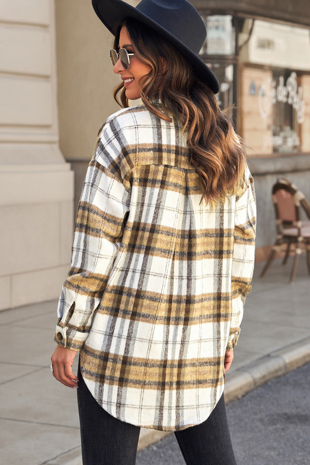 Plaid Dropped Shoulder Curved Hem High-Low Shacket