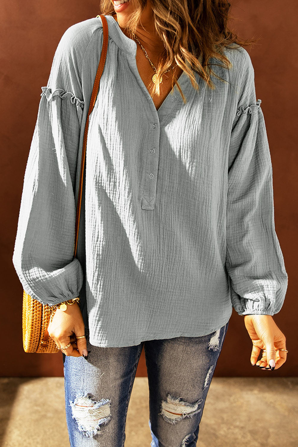 Balloon Sleeve Frill Trim Notched Neck Blouse