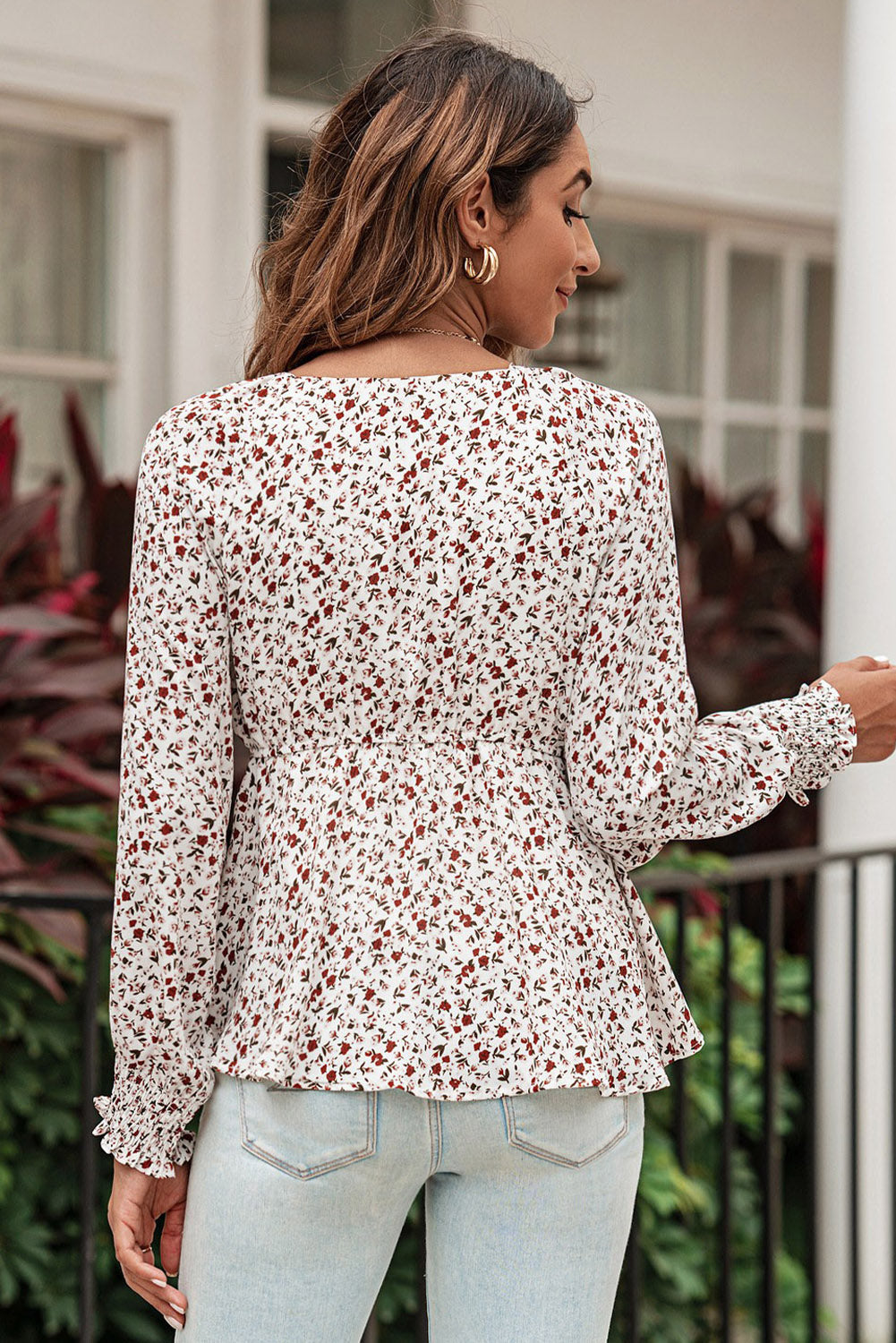 Floral Deep V Tied Peplum Top