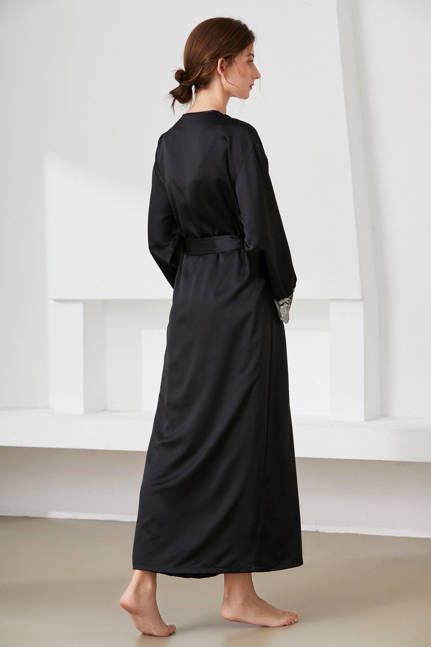Contrast Lace Trim Belted Robe