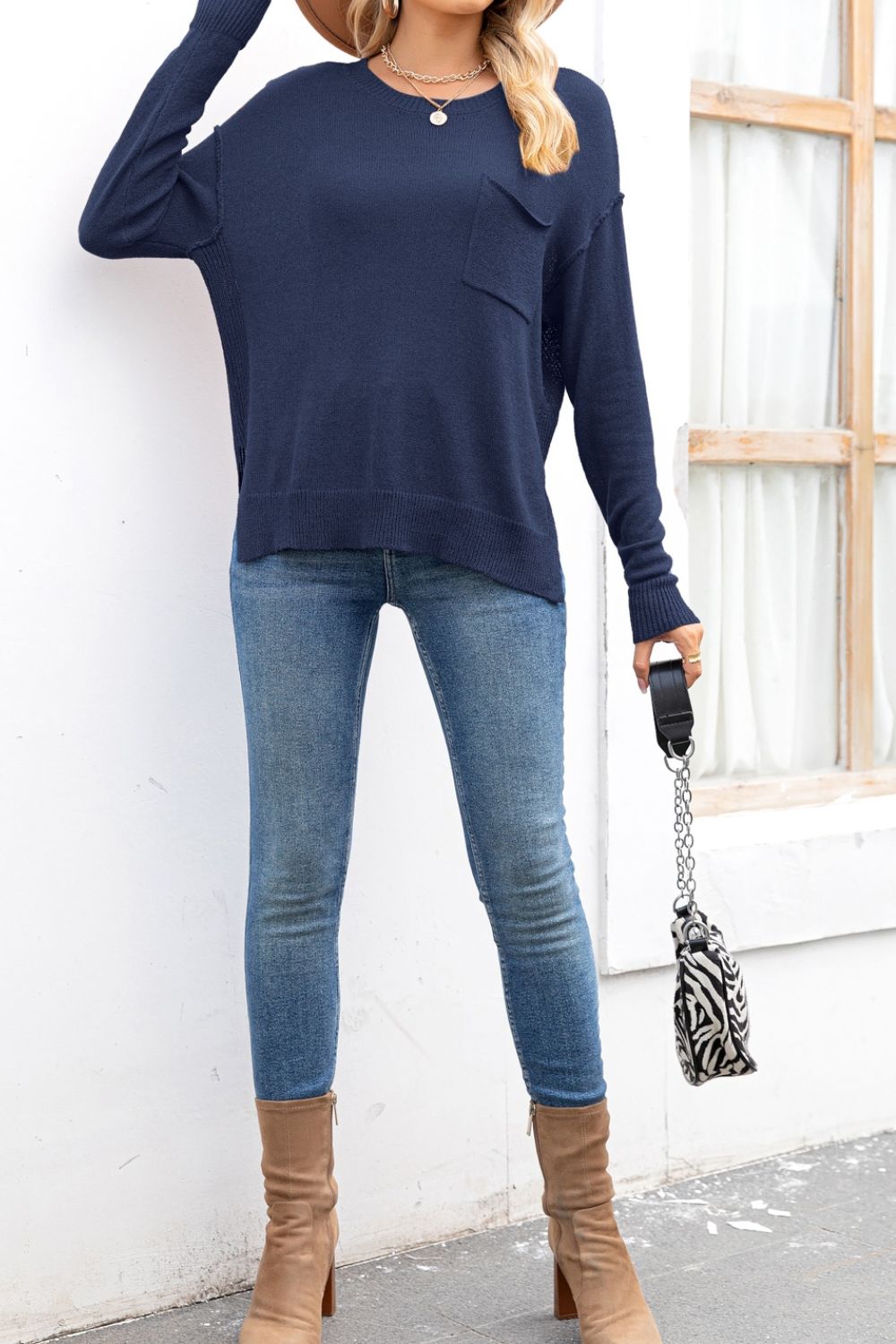 Exposed Seam Knit Top with Breast Pocket