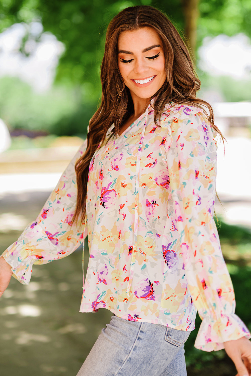 Floral Ruffle Shoulder Tie Neck Top - Deals DejaVu