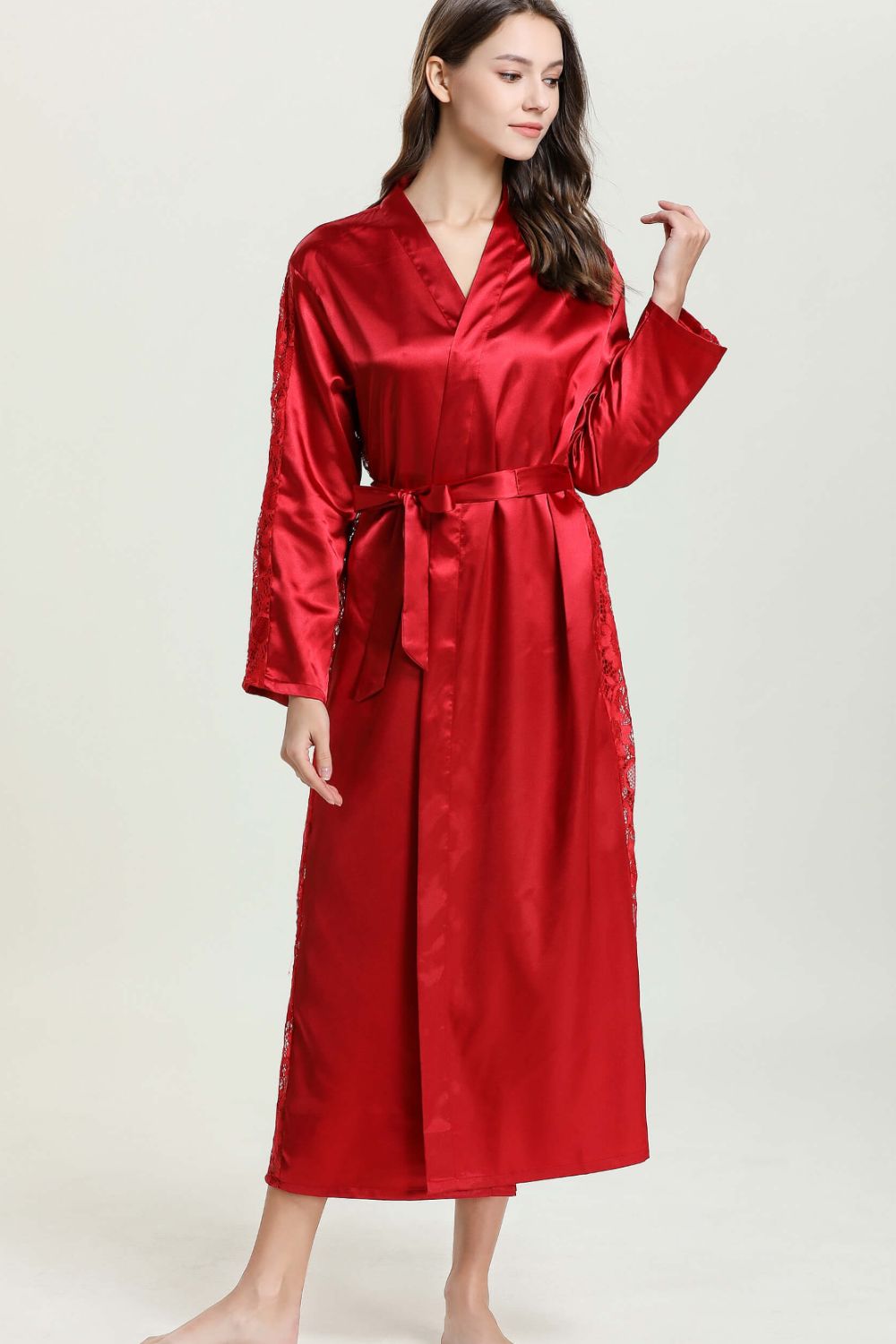Spliced Lace Tie Waist Satin Robe