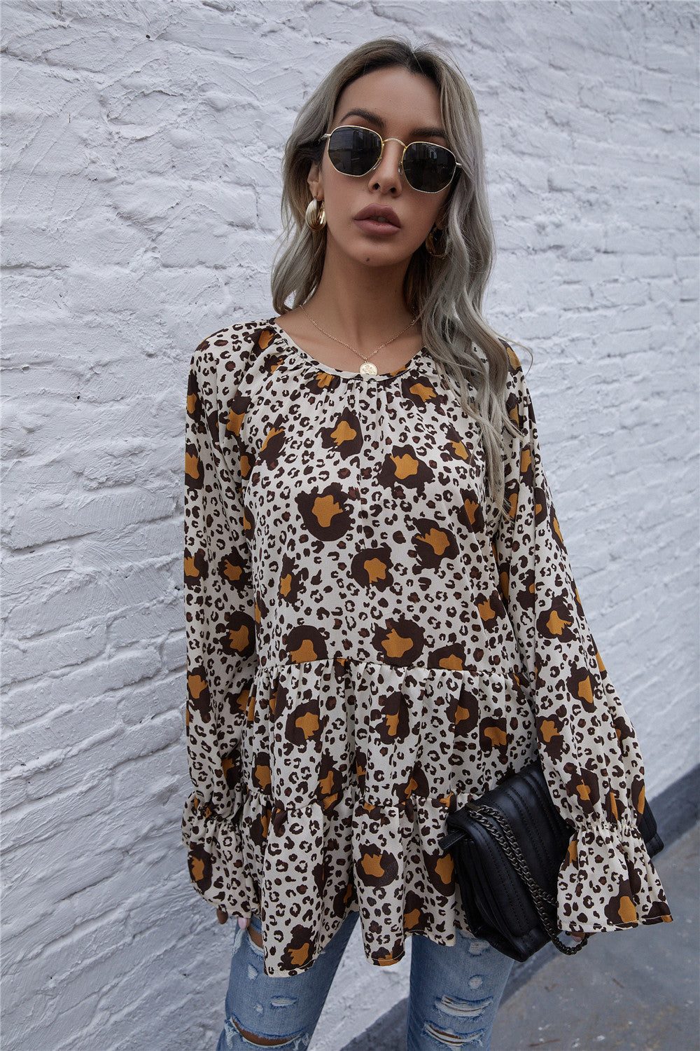 Leopard Round Neck Tiered Flounce Sleeve Blouse