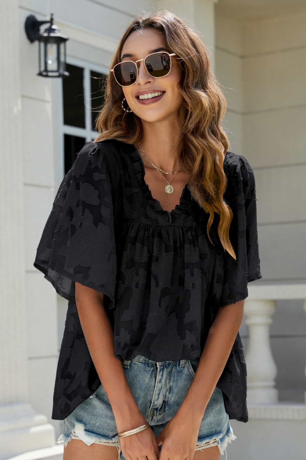 Applique Frill Trim Flutter Sleeve Blouse