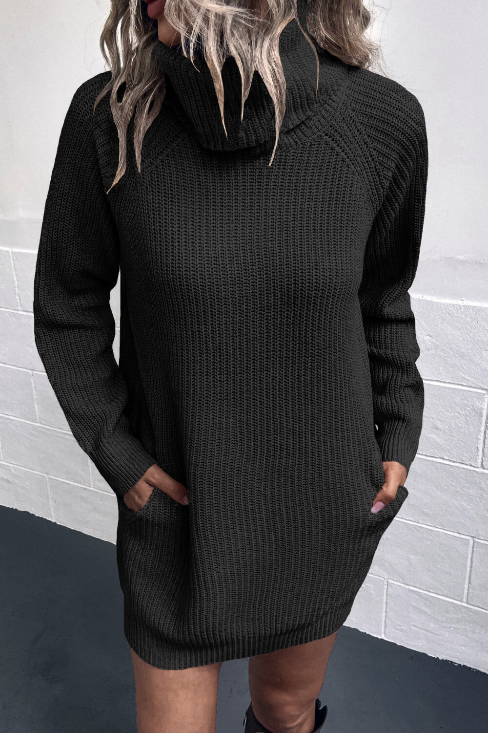 Turtleneck Raglan Sleeve Rib-Knit Dress with Pockets