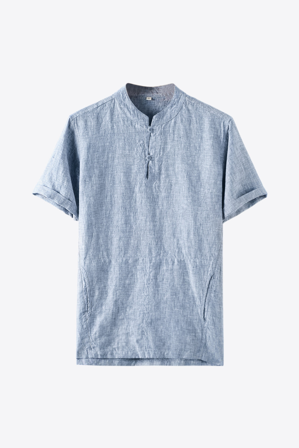 Buttoned Round Neck Short Sleeve Linen Tee