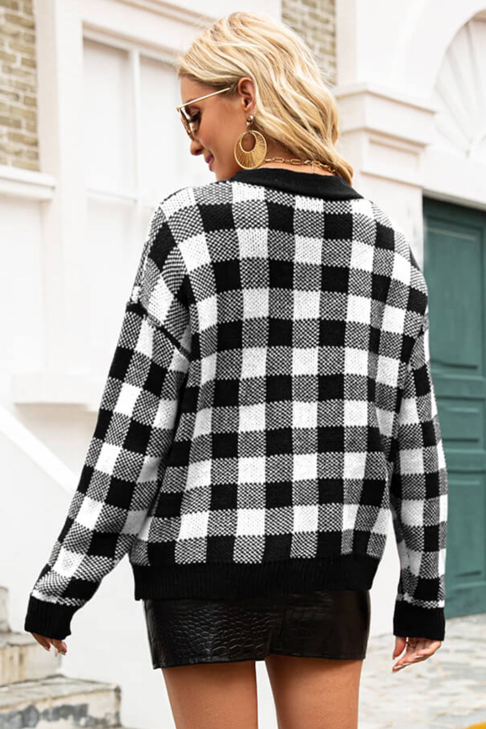 Plaid V-Neck Dropped Shoulder Cardigan