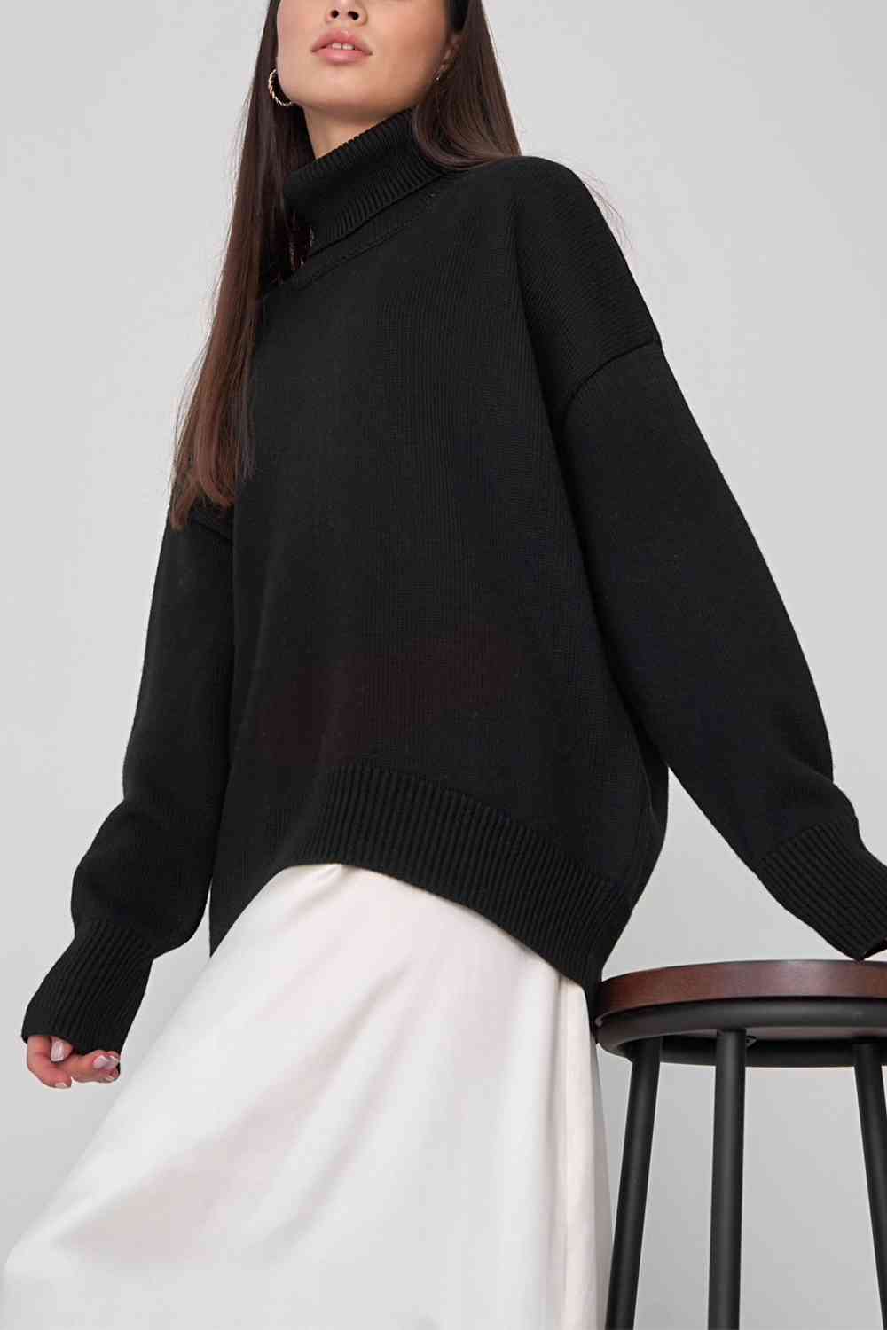 Turtle Neck Dropped Shoulder Sweater - Deals DejaVu