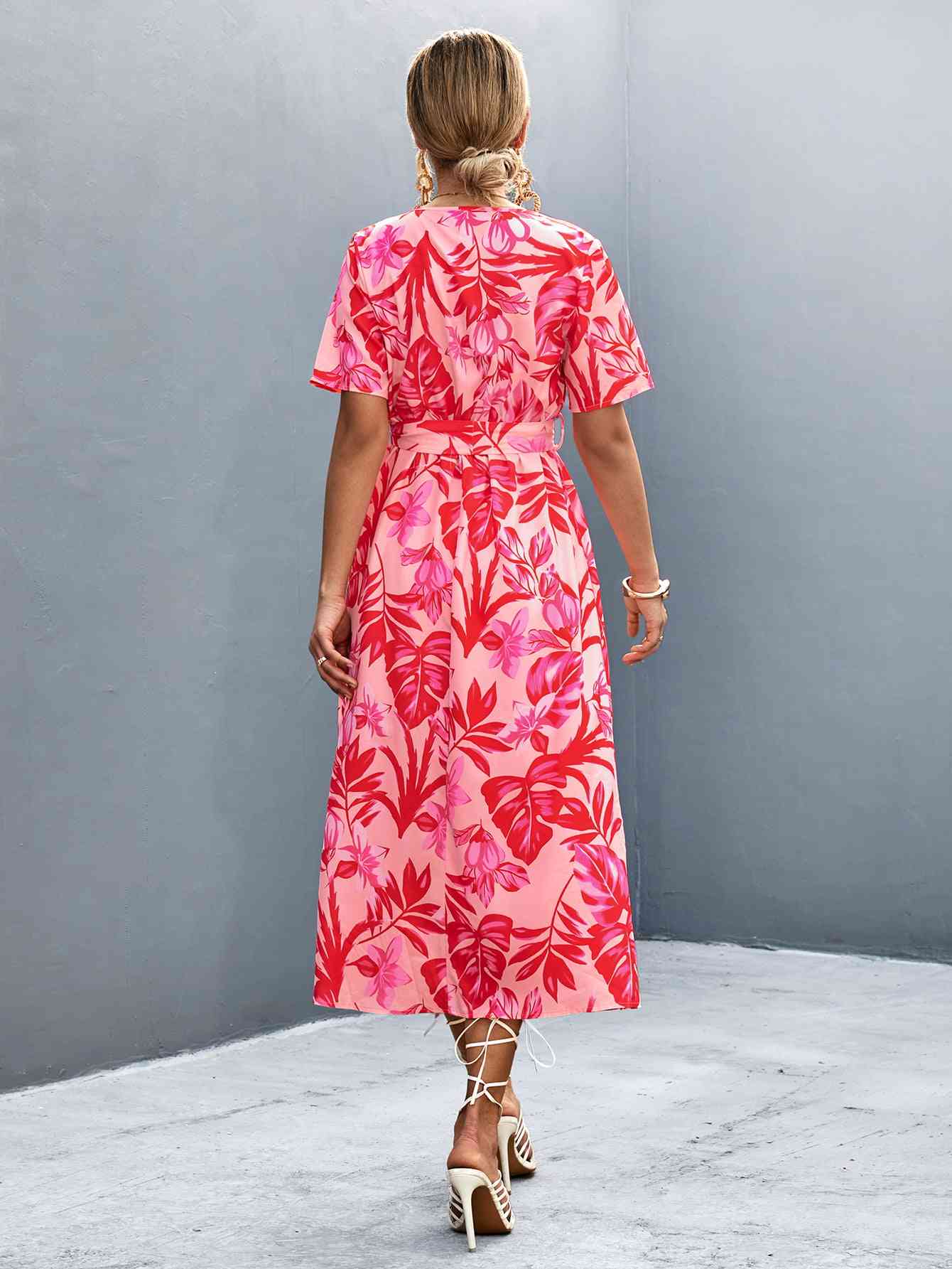 Floral Print High Slit Surplice Neck Tie Waist Midi Dress (MWBT) T - Deals DejaVu